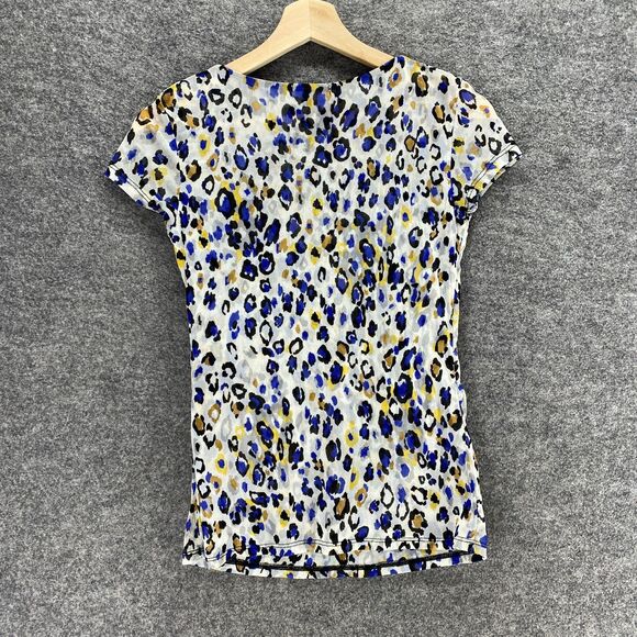 Charter Club Blouse Women PP Petite Blue Animal Print Surplice Short Sleeve - Picture 2 of 9